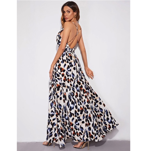 Cheetah Print Cream Multicolor Maxi Dress Backless Criss Cross Straps - Picture 2 of 6